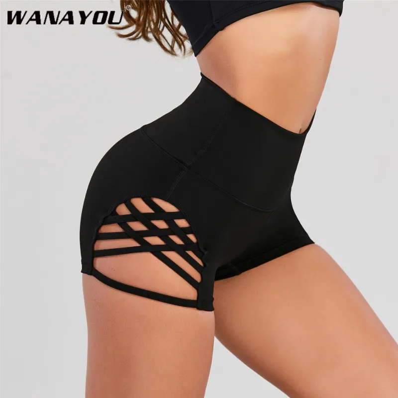 WANAYOU High Waisted Printed Tight Yoga Shorts with Side Cross Large Hollow Sexy Fitness Pole Dance Sports Shorts