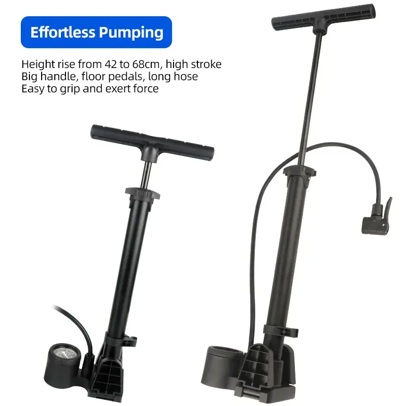 Floor Pump 230Psi High Pressure Inflator 68cm EPDM Hose Presta Schrader Adaptor 45mm Gauge Alum. Barrel T-Handle Foldable Pedals