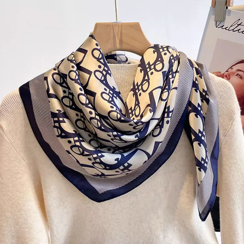 Women's Faux Silk Scarf 70 Spring Summer Autumn Fashion Printed Letter Scrimple on Tote with Matching Small Square Shawl for Mom