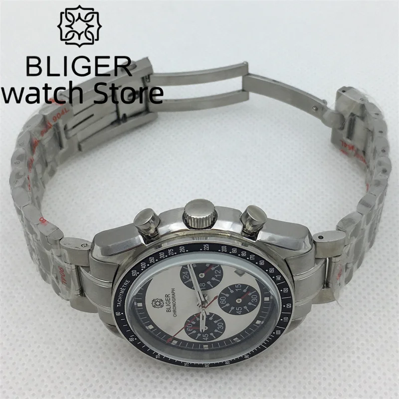 BLIGER VK63 Movement Chronograph Multi Function 40mm quartz run Second Chronograph Men\'s watch white dial steel/rubber strap