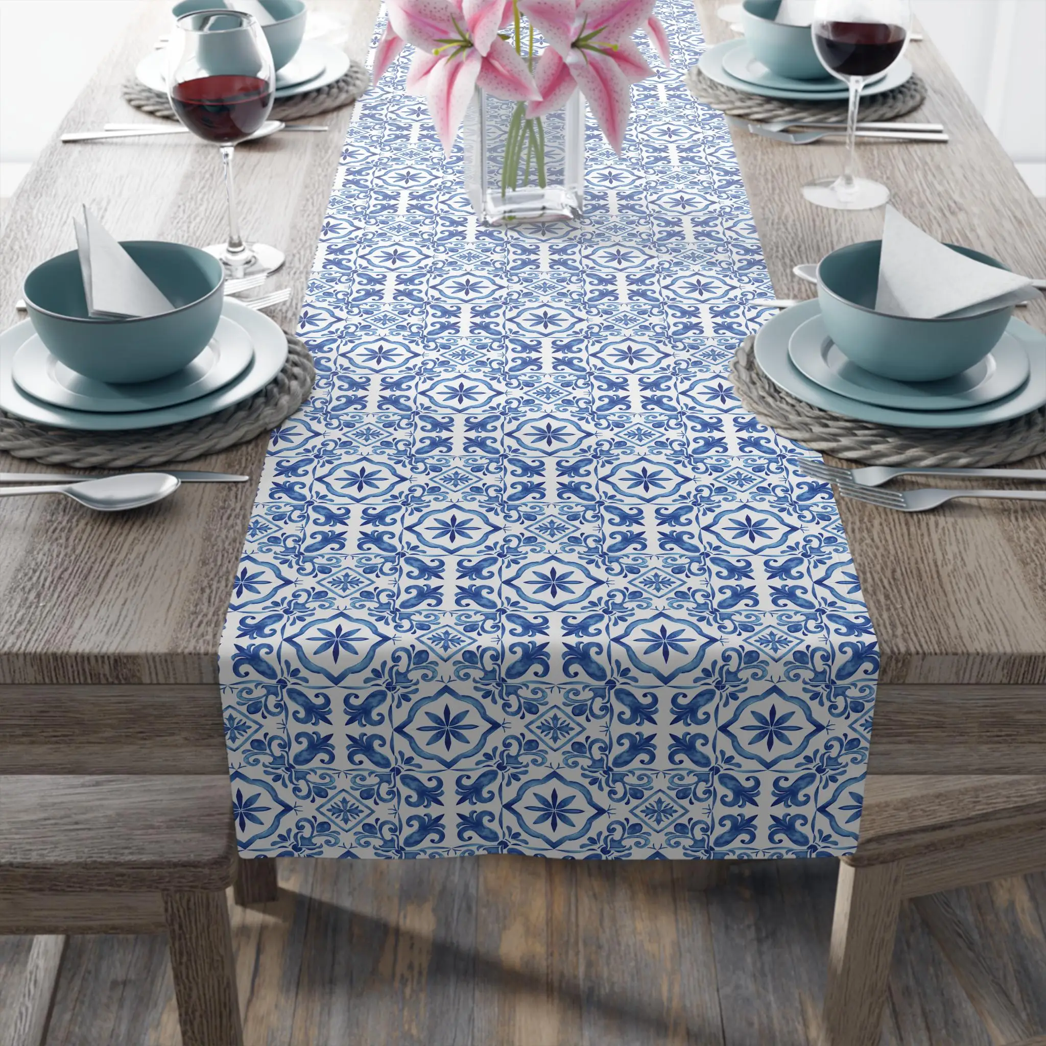 Blue Mediterranean Tile Table Runner, Spanish Italian Summer Kitchen Dining Room Scarf Everyday Celebration Housewarming Decor