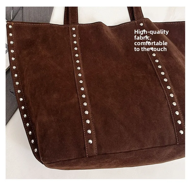 Trendy Large Capacity Suede ToteS BagS with Stud Accents Soft Texture Handbag for Everyday Commute Shoulder Purse Casual Carry
