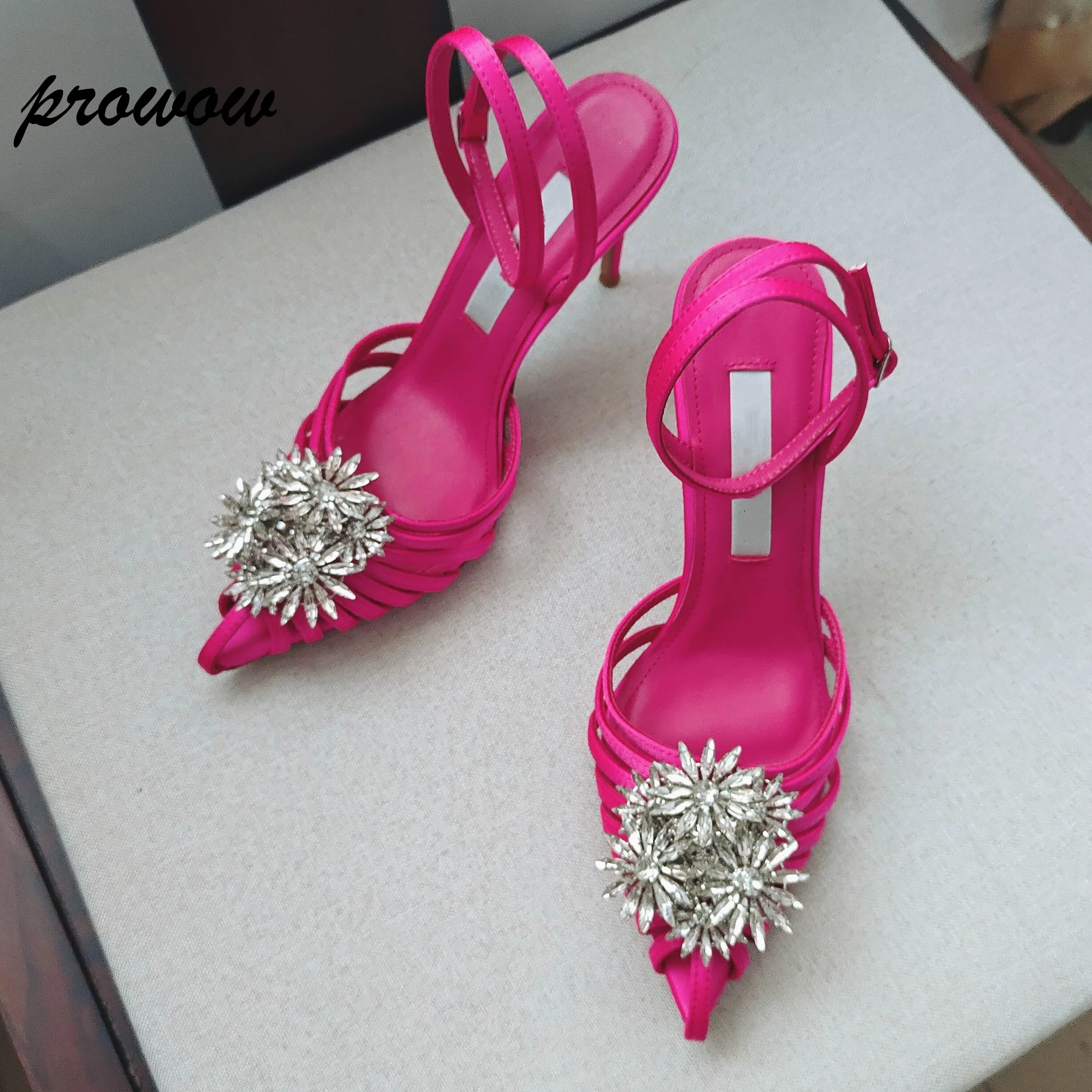 

Prowow/Новые черные, розовые атласные туфли-лодочки с бриллиантами и кристаллами, сексуальные сандалии с узким ремешком и острым носком, женская обувь Zapatos Mujer