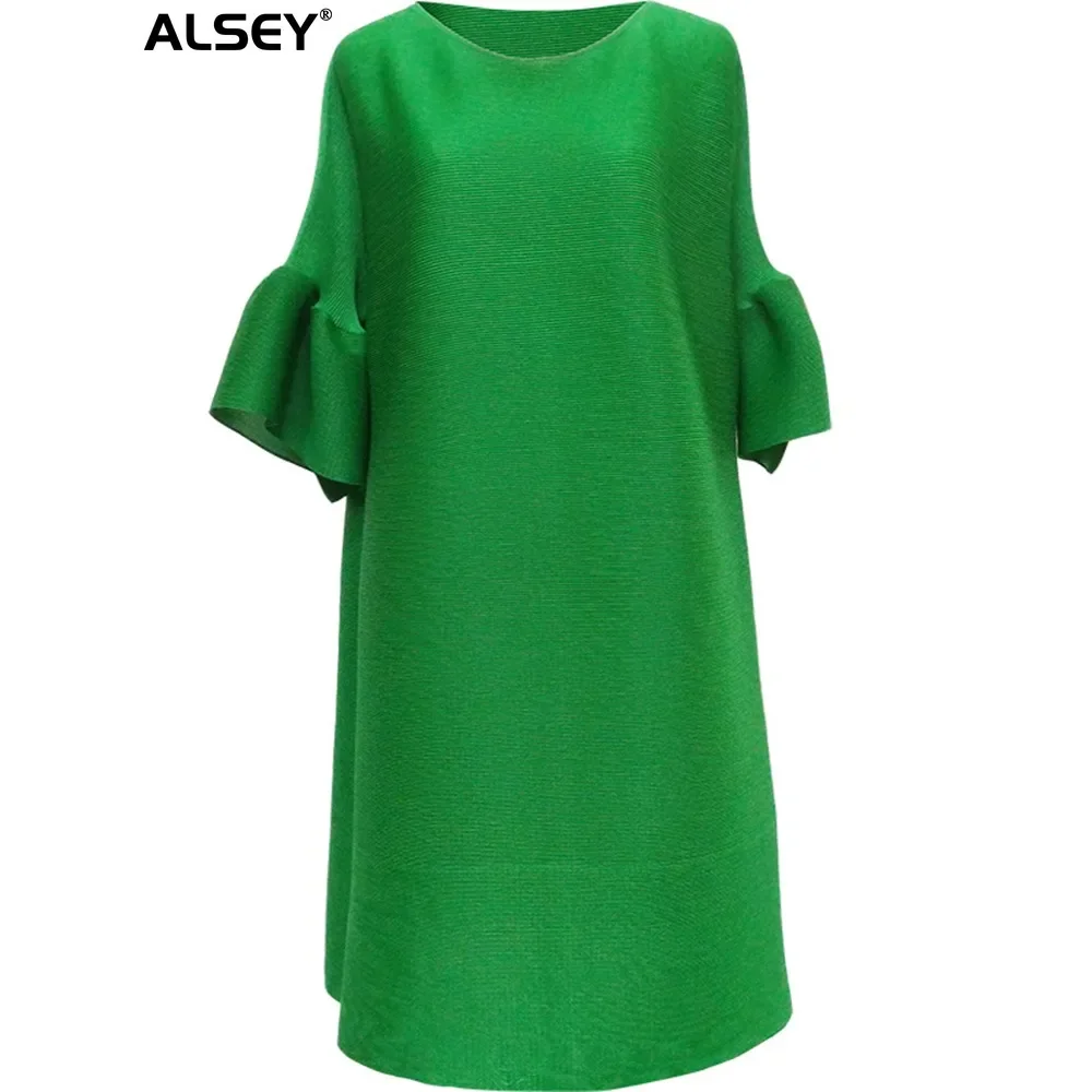 

ALSEY Miyake Pleated Flare Sleeve Loose Solid Dress for Women Summer New Casual Round Neck Fashion A-line Dresses Clothing