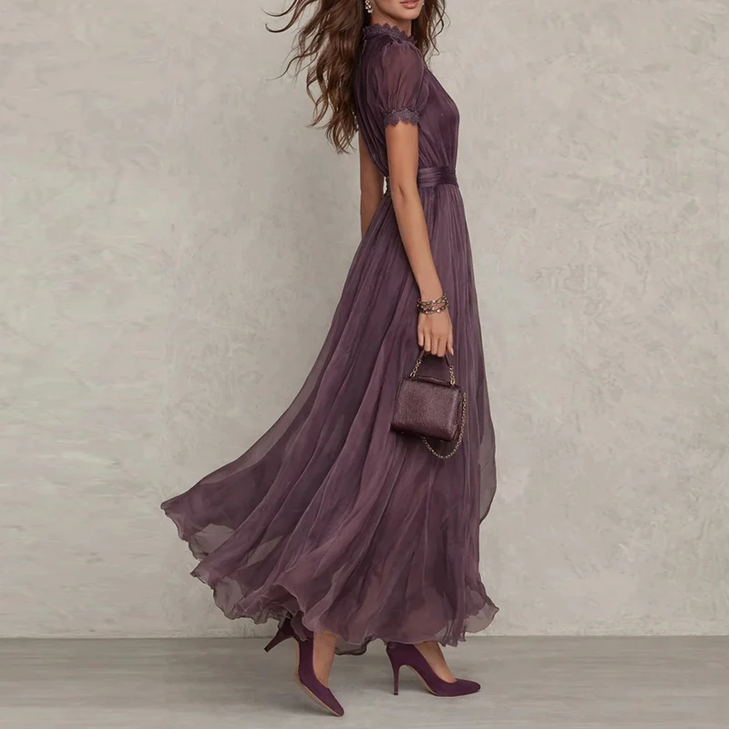 Elegantes Damenkleid mit V-Ausschnitt und Taillenbund, Puffärmeln, Spitze, A-Linie, Midi-Länge, schickes Sommerkleid für Party, Büro, Alltag, Freizeit, 2026 – Detail 5