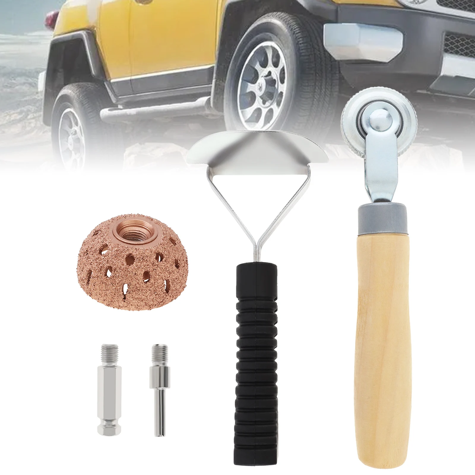 1 Set 55mm Tungsten Steel Polishing Wheel Tire Repair Tools for Automobile Tire with Repair Scraper, Solid Wood Roller, Tire Kit