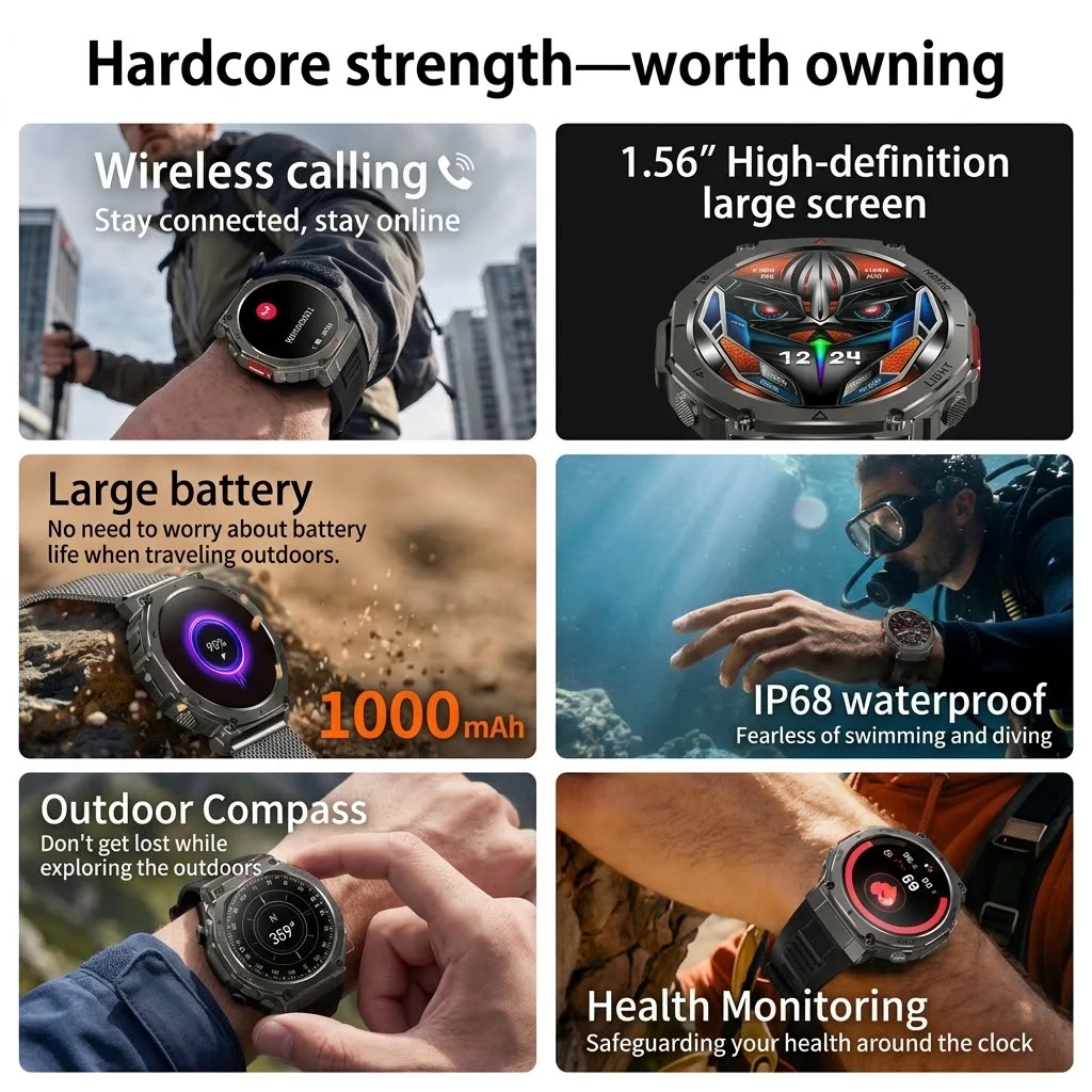 2026 New Smart Watch 1000mAh Battery Compass Flashlight Real-Time Noise Monitor Sports Tracker IP68 Waterproof Smartwatches Men