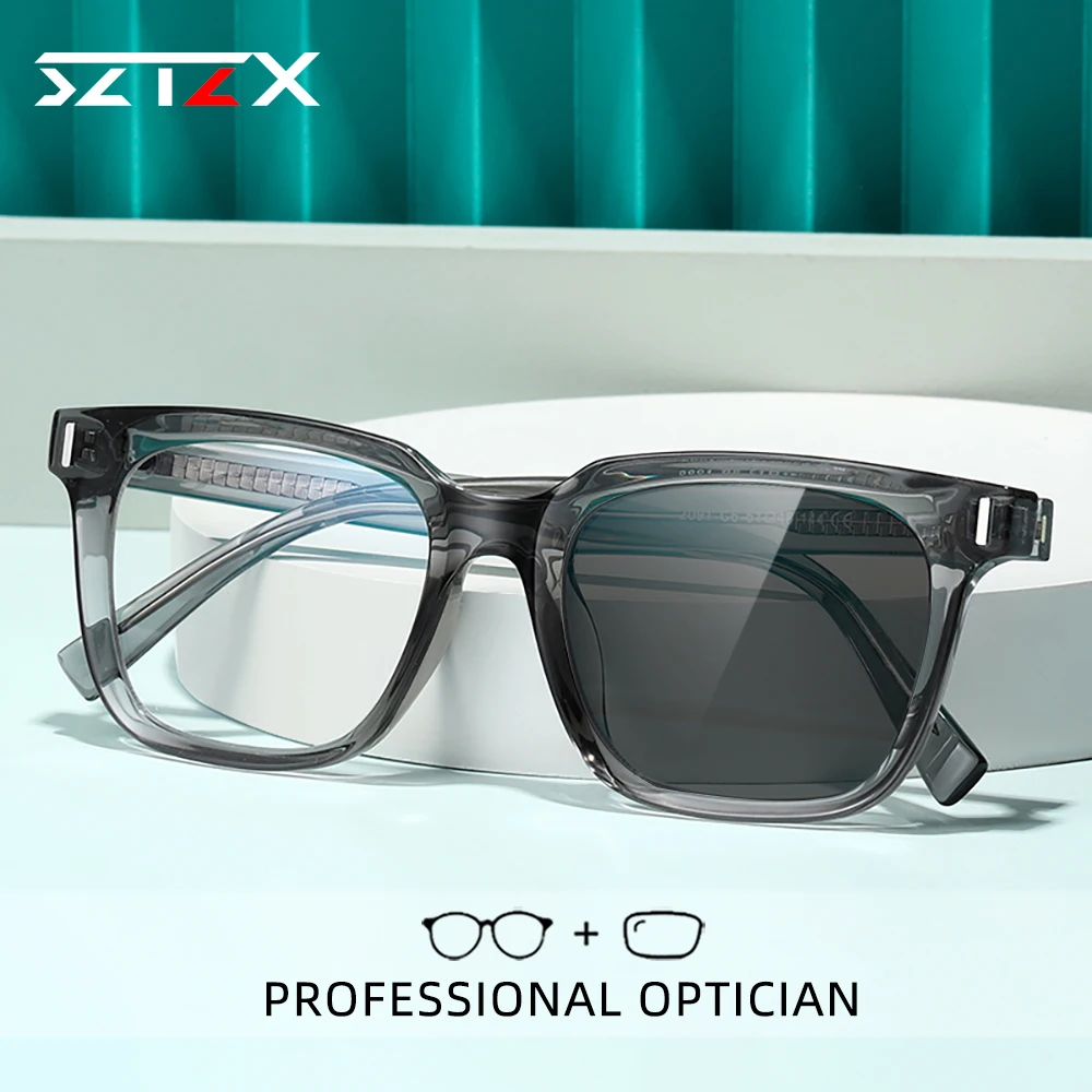 SZTZX Fashion Photochromic Anti Blue Light Blocking Reading Glasses for Women Men Myopia Hyperopia Prescription Optical Eyewear