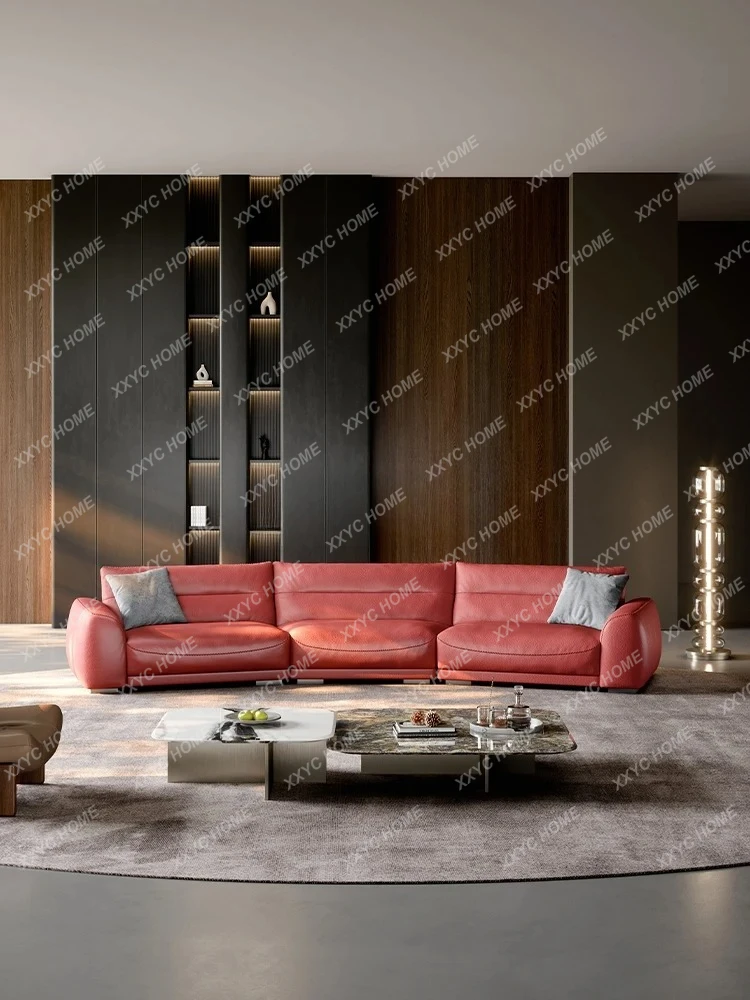 Furniture Red Full Genuine Leather Sofa Minimalist Villa Large Apartment Set