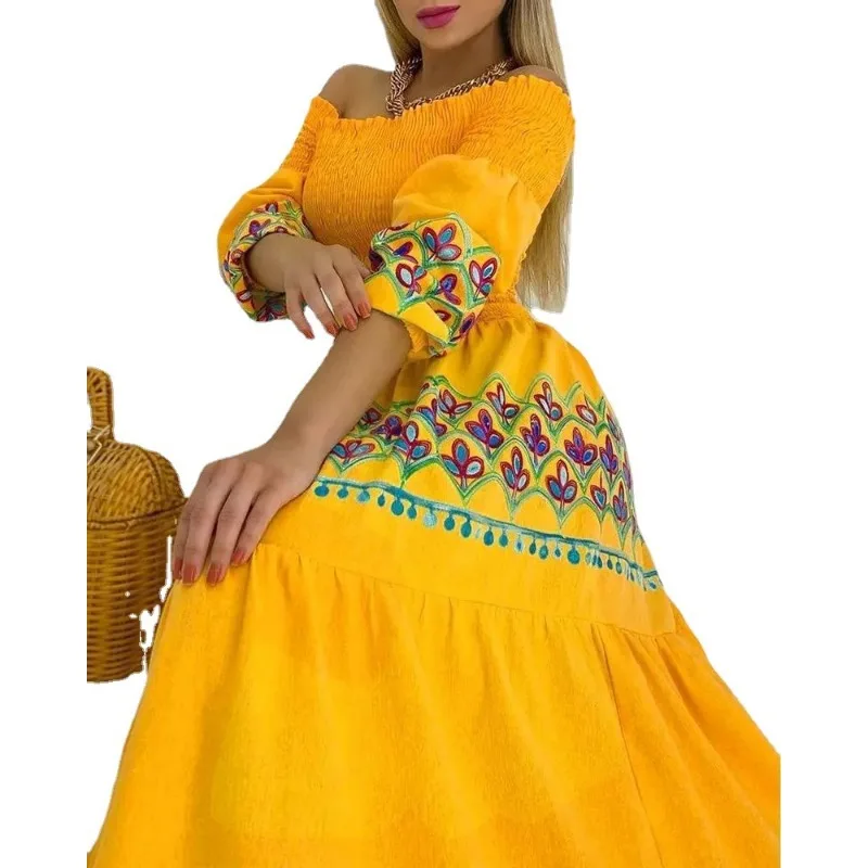 Frauen lange lose Maxi neue Sommer hohe Taille Riemen Typ lose gelbe ethnische Druck lange Gruppe Kleid