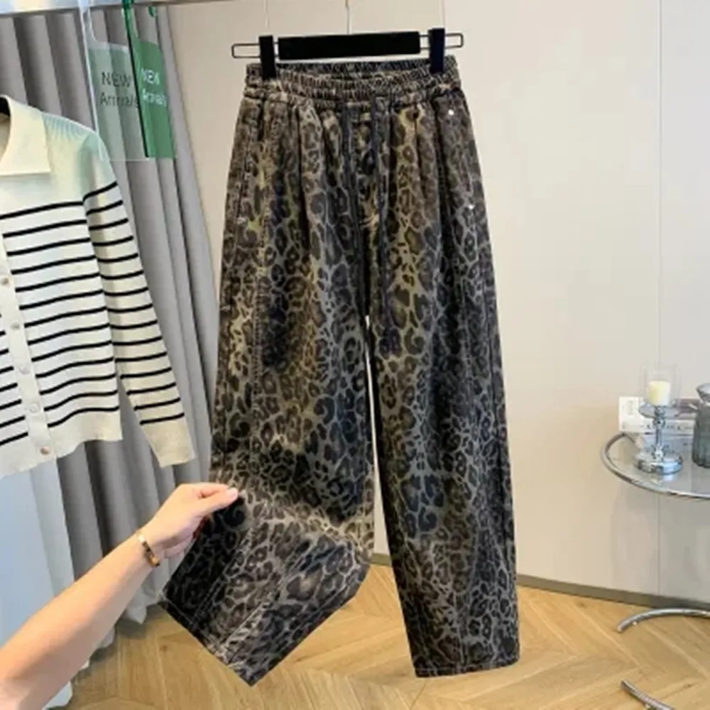 

Vintage Fashion Street Trousers 2025 Autumn Women Leopard Drawstring Pocket Elastic Korean Casual Loose harem Pants spring
