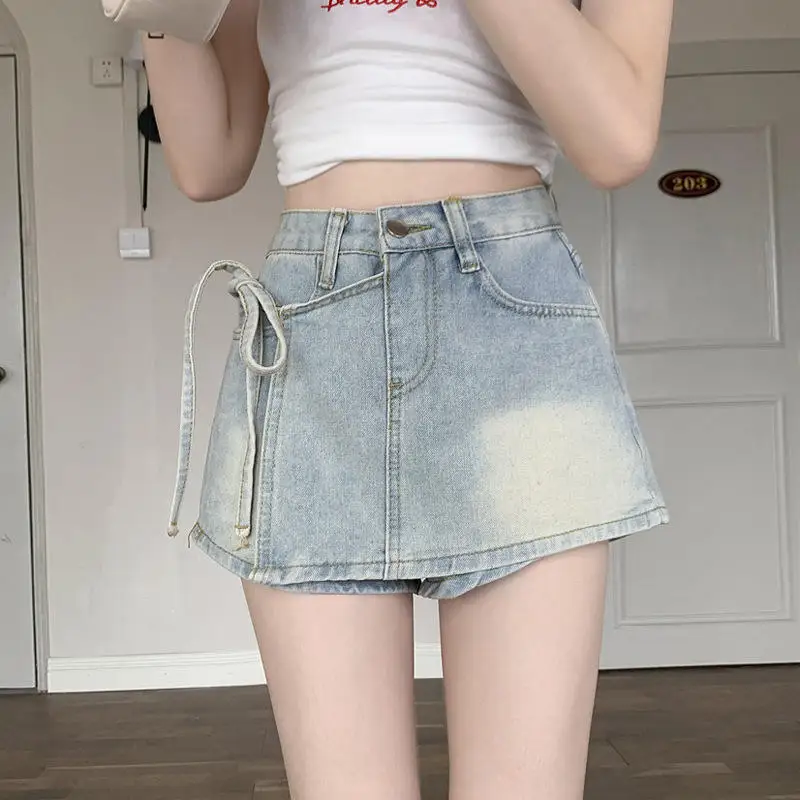 

Light Wash High Waist Denim Shorts Women's Asymmetrical Skort Belt Design Halter Neck Skirt Summer Commute Style