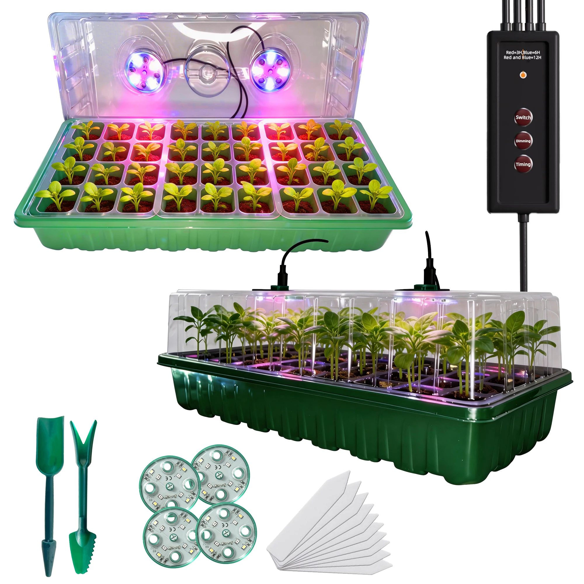 72-Cell Seed Starter Tray with Full Spectrum 8-LED Grow Light,Smart Timer 3Modes,Adjustable Humidity Dome,Indoor Germination Kit