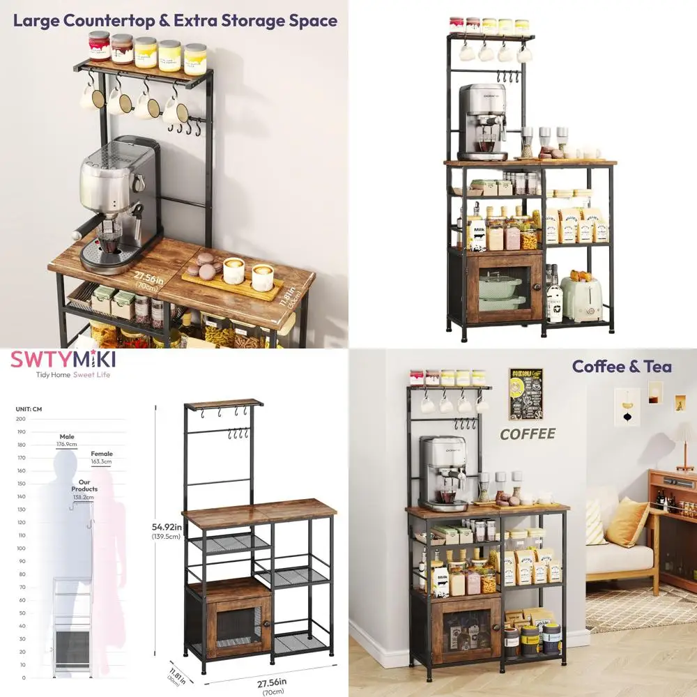 

Coffee Bar Cabinet Organizer with Storage, 8 Hooks, Shelves & Door, Dining Room Kitchen Stand, Adjustable Feet