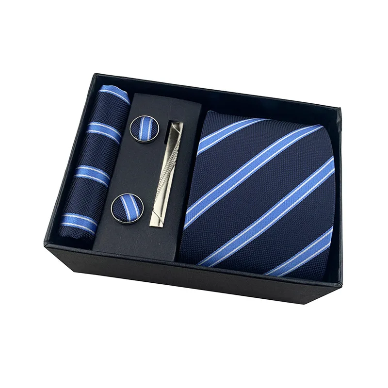 

6pcs Set Gift Box for Men Wine Navy Grey Solid Striped Polyester Necktie Pocket Square Clip Cufflinks Handkerchief Wholesale