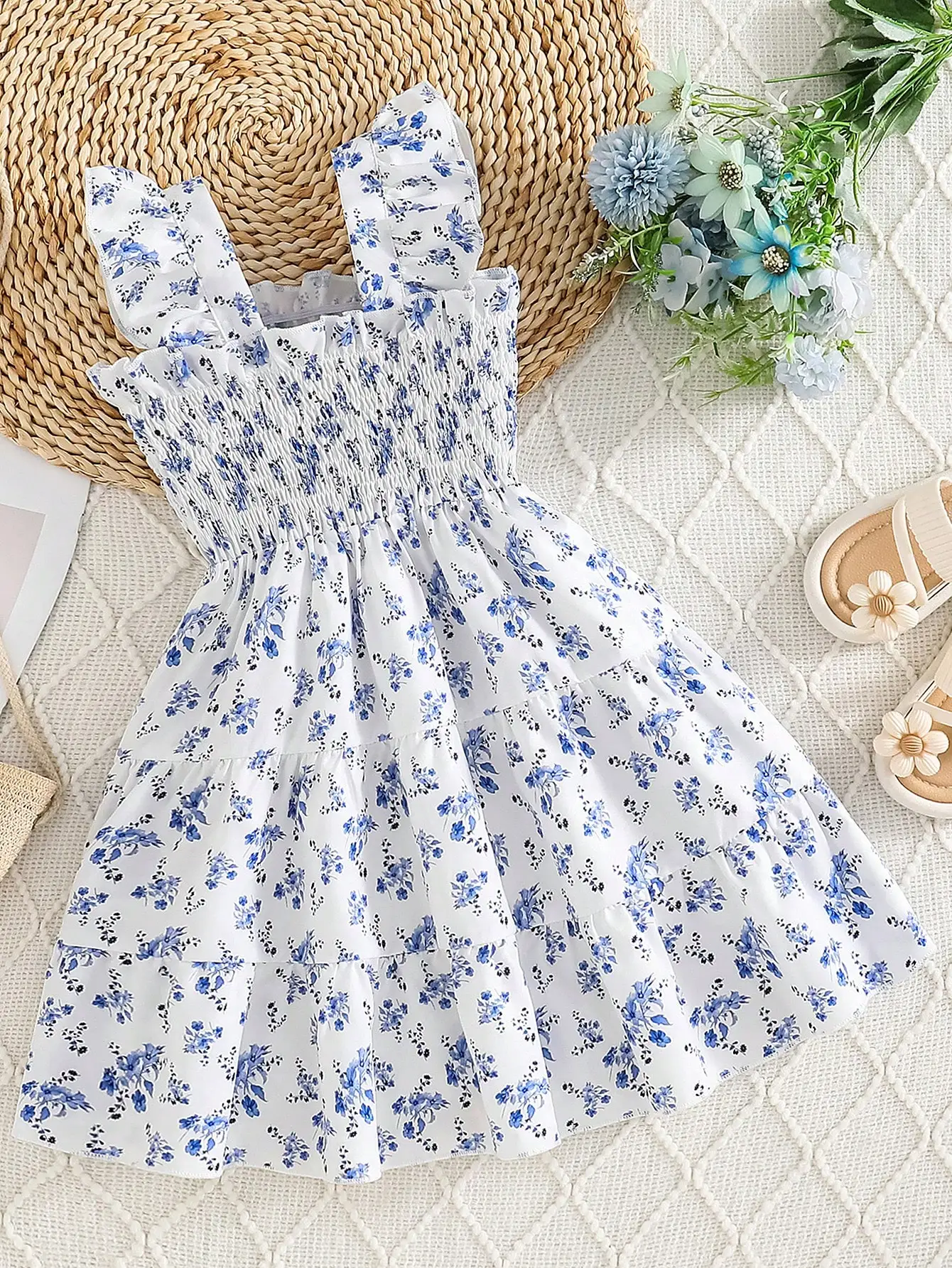 

Women Blue White Floral Ruffled Tiered Smocked Sleeveless Dress Summer Vacation