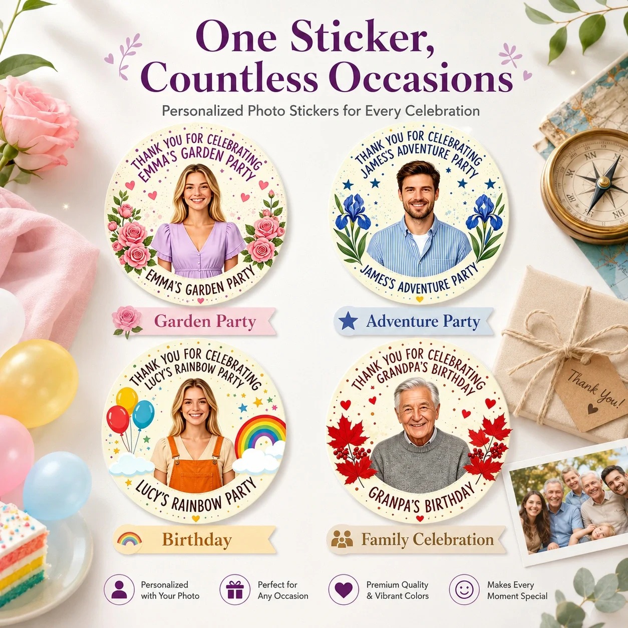 

Custom Photo Name Stickers, Personalized Floral Labels, Waterproof Name Stickers For Bottles, Notebooks, Lunch Boxes, Gifts