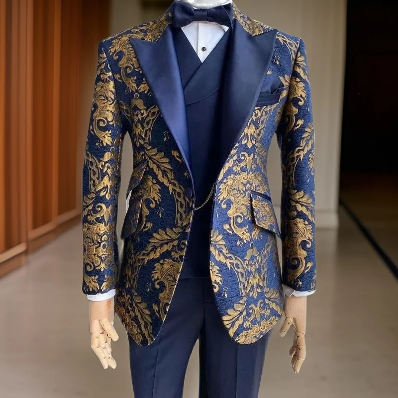 

Floral Tuxedo Suits for Men Wedding Slim Fit Navy Blue Jacquard Gentleman Jacket with Vest Pant 3 Pcs Male Costume Stock