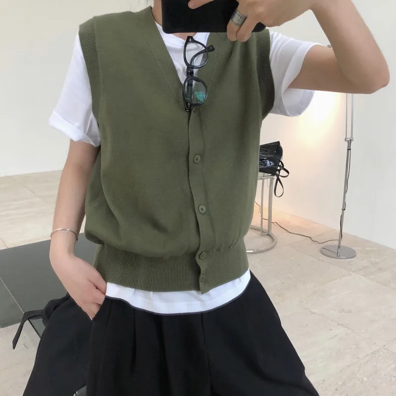 HKSH Frühling Herbst Neue Frauen Gestrickte Weste V-ausschnitt Einreiher Einfarbig Koreanische Casual Vielseitig Flut Chic Weste HK12826