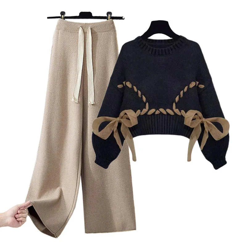 Winter Vintage Wide Leg Pants Sets For Women Temperament Casual Sweet O-neck Patchwork Bow Sweater+high Waist Pants Set Clothing