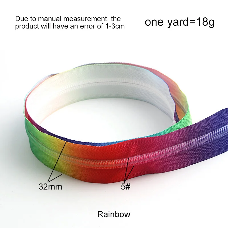 30-100 Yards 32mm Rainbow Teeth Zippers Nylon Colorful Long Zippers Tape With Zip Puller Slider Bag Clothes Sewing Accessories