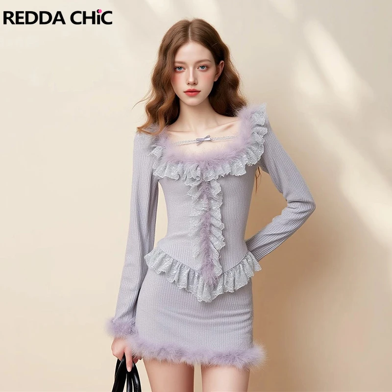 

REDDACHiC Вязаный топ с меховой отделкой и юбкой, комплект в стиле пэчворк, кружевная футболка с длинными рукавами, мини-облегающая юбка, осенне-зимняя женская одежда Cutecore