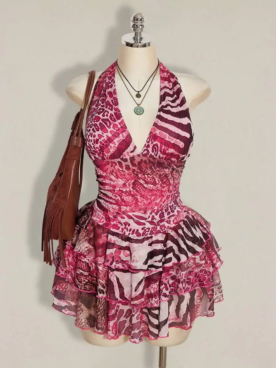 

Leopard Print Halter Neck Ruched Waist Multi-Layered Mesh Dress Summer Women
