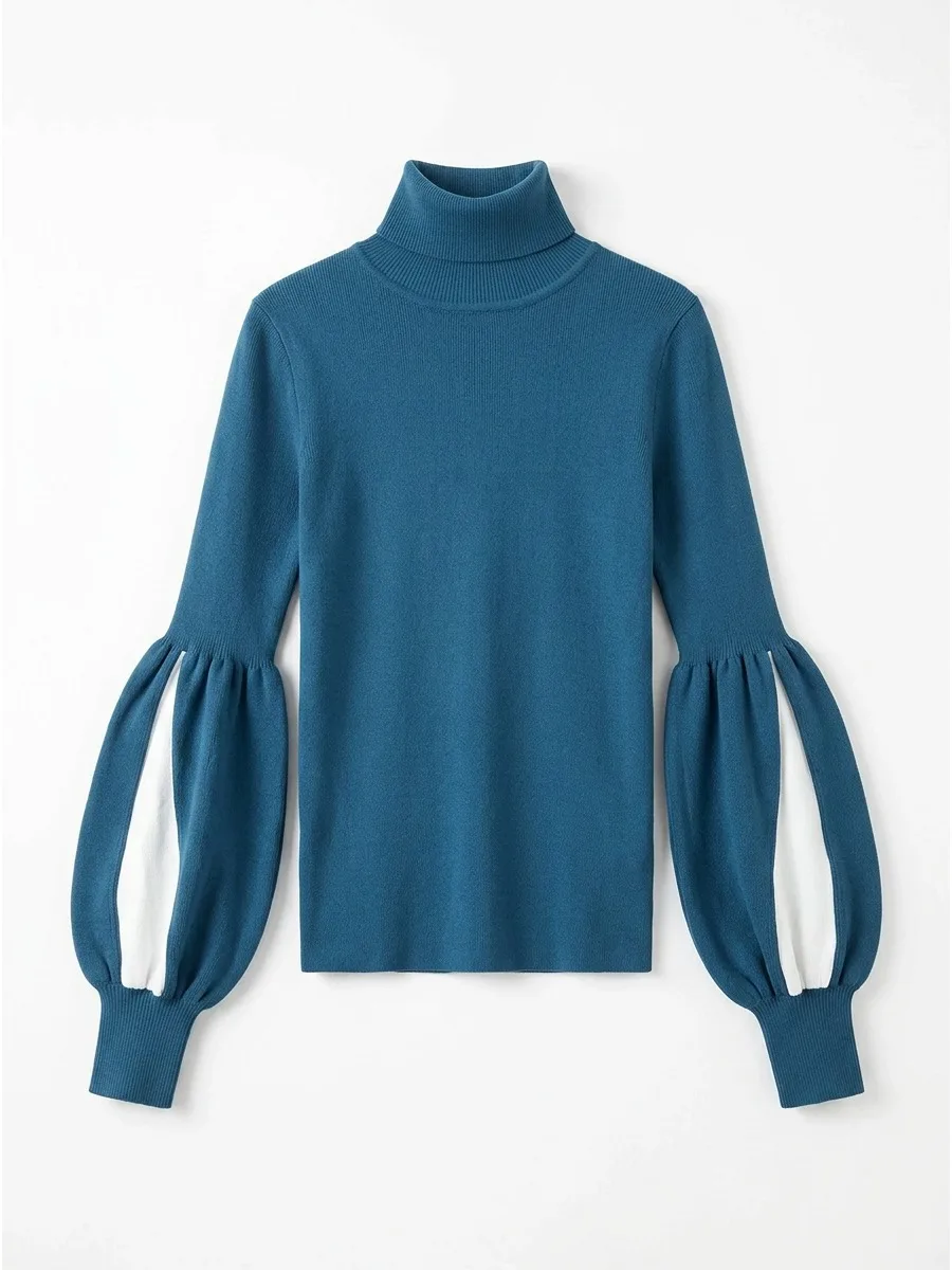 Freeacy Women Turtleneck Color Block Lantern Sleeve Slim Fitted Pullover Sweater Spring Autumn Fashion Stretchy Knit Blouse
