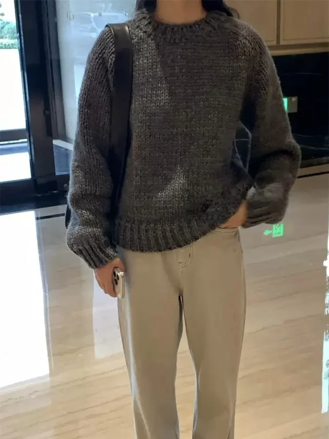 

PREON, новый простой универсальный вязаный круглый свитер из смеси шерсти, длинный свек, повседневный женский трикотаж