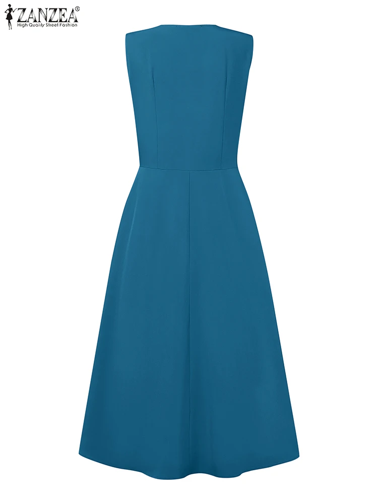 ZANZEA แขนกุดเดินทางสํานักงาน Robe เอวสูง Elegant สีทึบ A-Line Midi ชุดเดรสแฟชั่นผู้หญิง V คอ Vestidos
