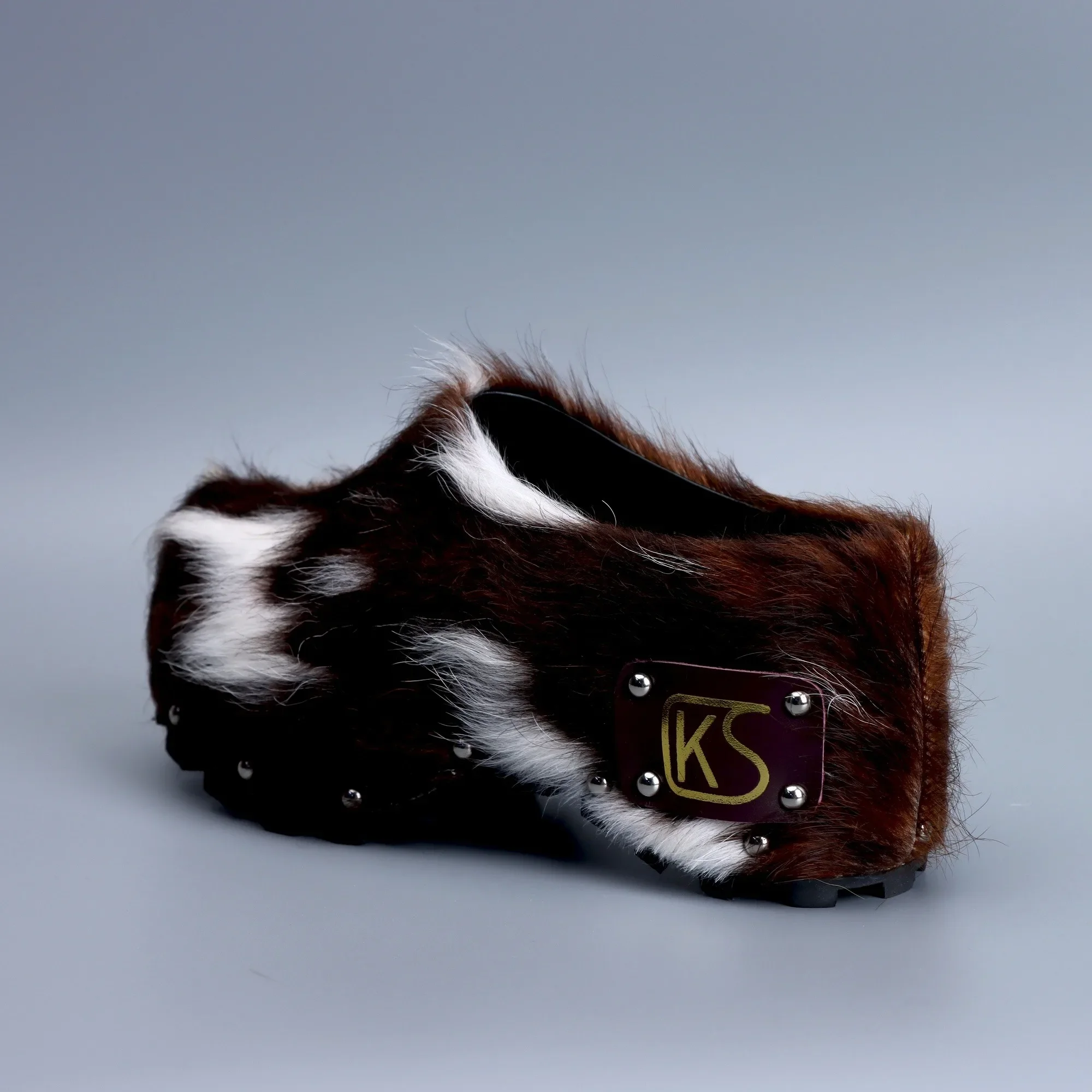 Platform Fur Slippers with Natural Calf Hair Handmade Luxury Studded,Leather Lining & Memory Foam Arch Support Clogs for All-Day