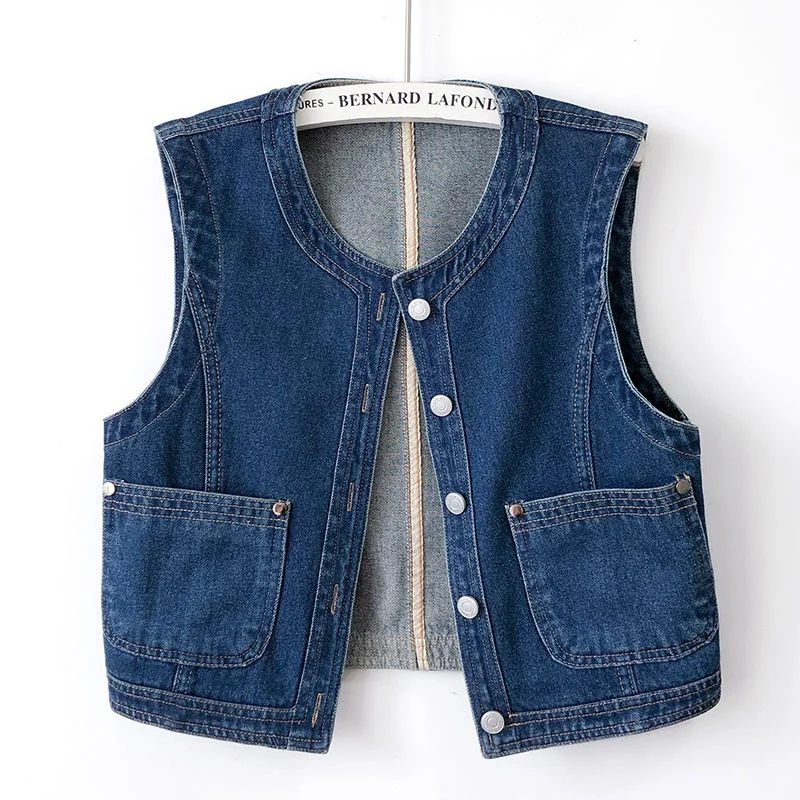 

Vintage Blue Denim Vest Women 2023 Spring Summer Short Casual O Neck Big Pocket Cowboy Waistcoat Sleeveless Jeans Jacket Female