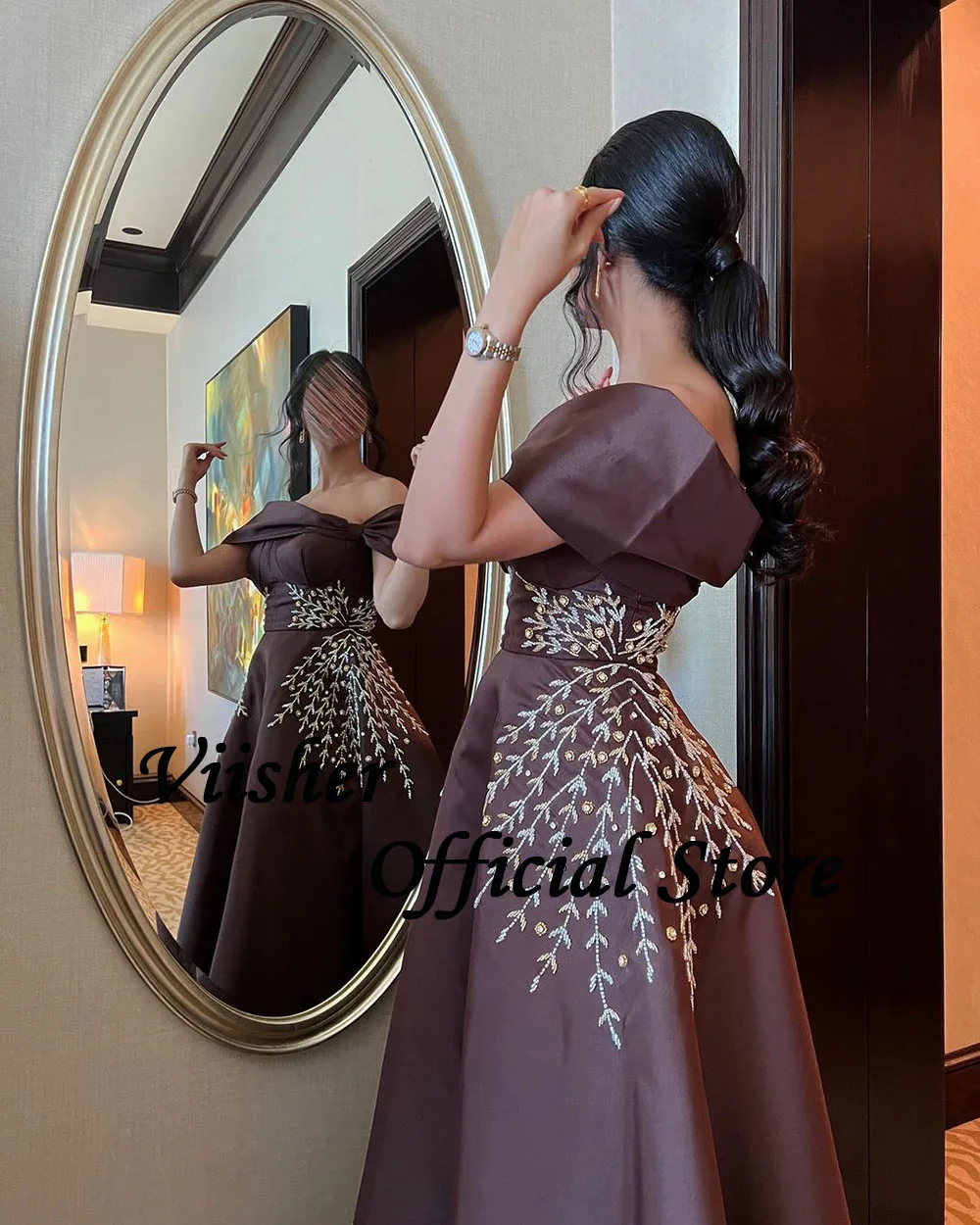 Viisher Brown Evening Dresses Off Shoulder Beads Satin A Line Prom Dress Arabic Dubai Long Elegant Formal Evening Gowns