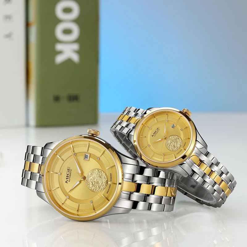 MIGE Original Miyota Automatical Mechanical Watch for Couples Calendar Diamond Sapphire 24K Gold Stainless Steel Wristwatch