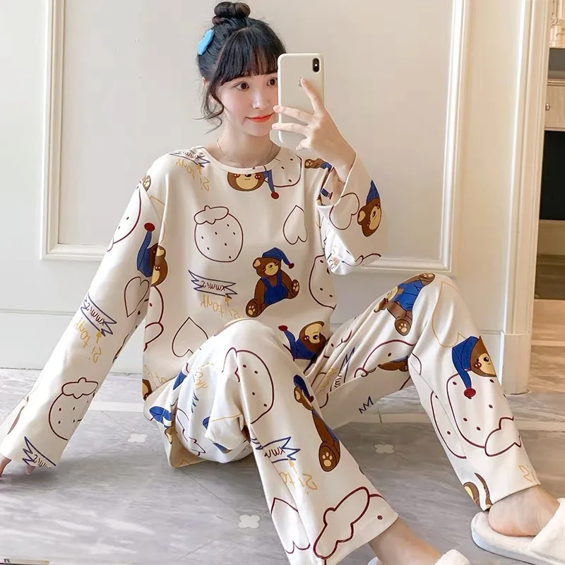 Long-Sleeved Pyjamas Female Autumn and Winter Korean Version of the Large Size Ladies Home Wear Cute Cartoon Bear Pajamas Set