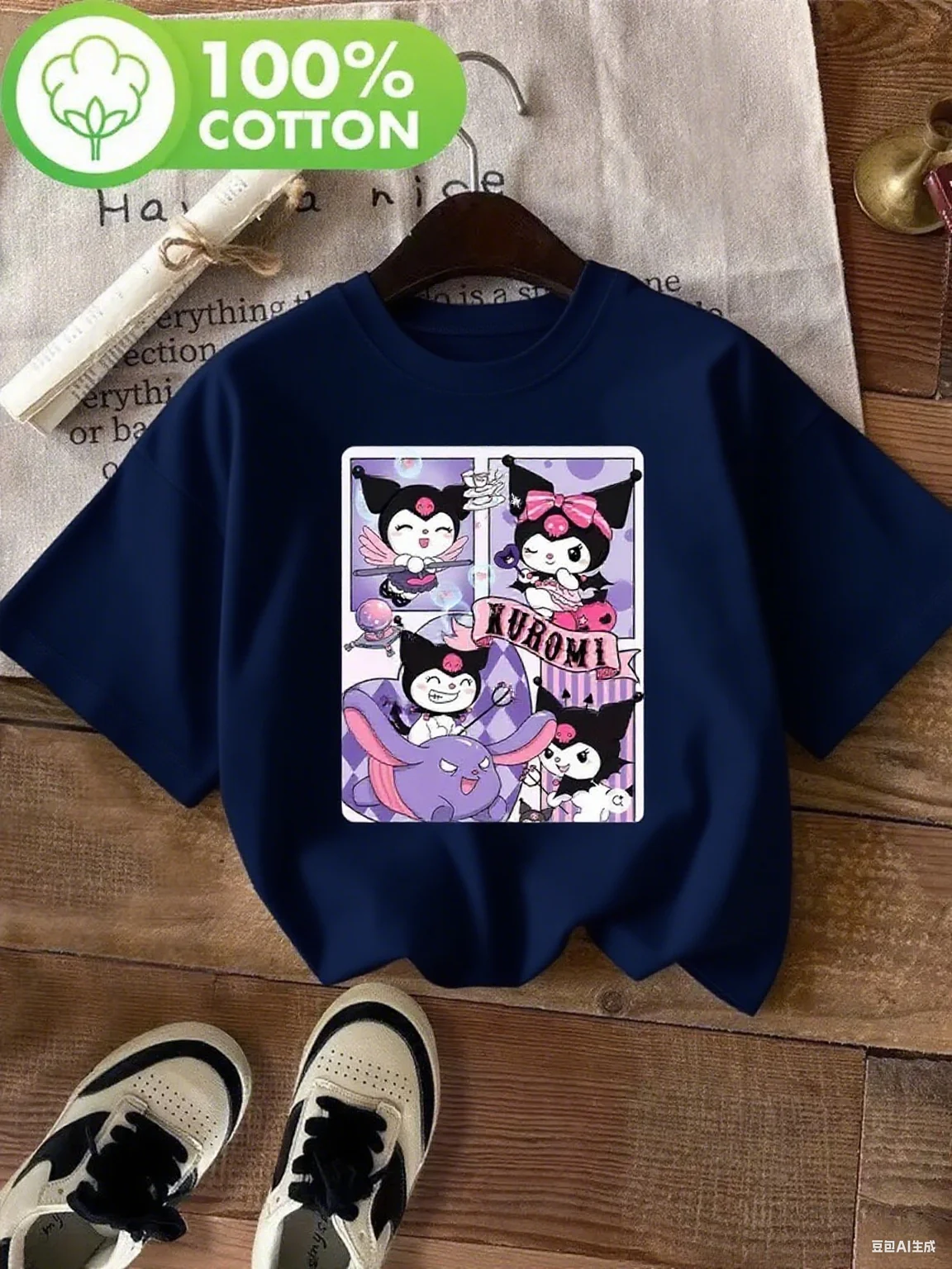 تي شيرت قطني مطبوع عليه رسوم كارتونية من Kuromi، نمط ممتع ومرح للمظهر اليومي، تي شيرت عصري مطبوع من القطن الخالص بأكمام قصيرة