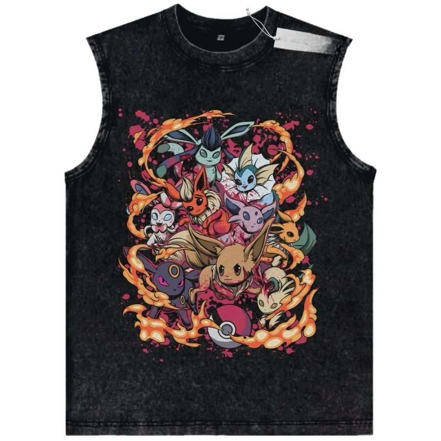 

Унисекс черная винтажная майка с эффектом потертости Pokemon Eeveelutions All Forms Fire Aura – высококачественная ткань для фитнеса, повседневной носки и шопинга
