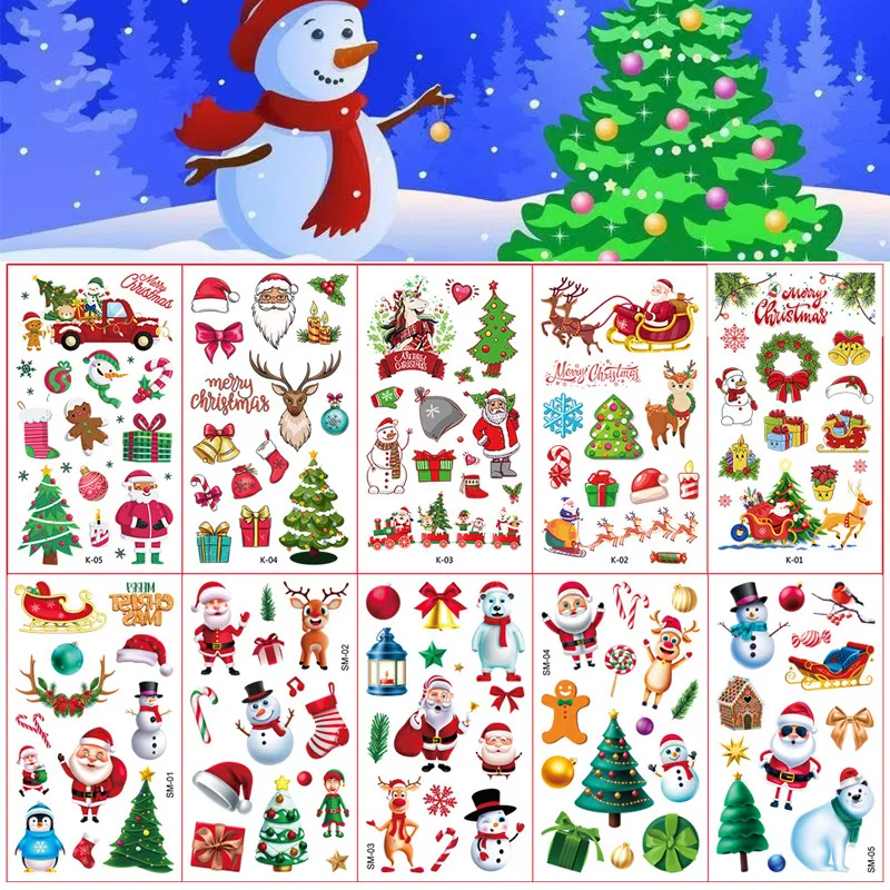 10 Sheets/Set Cartoon Christmas Santa Claus Temporary Tattoo Stickers for Kids Arms Face Waterproof Fake Tattoo