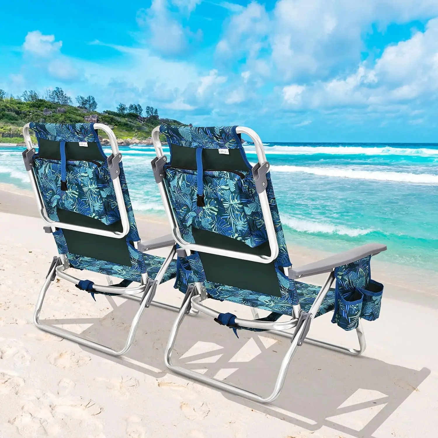 

Beach Chair 4-Pack Sling Camping Chair Sunbathing Chairs 5 Adjustable Position Head Pillow Storage Bag Towel Bar Cup Holders