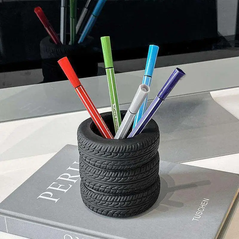 Novelty Tire Shaped Pen Holder Multifunctional Desktop Organizer Portable Pencil Storage for Office School Kids Study Desk