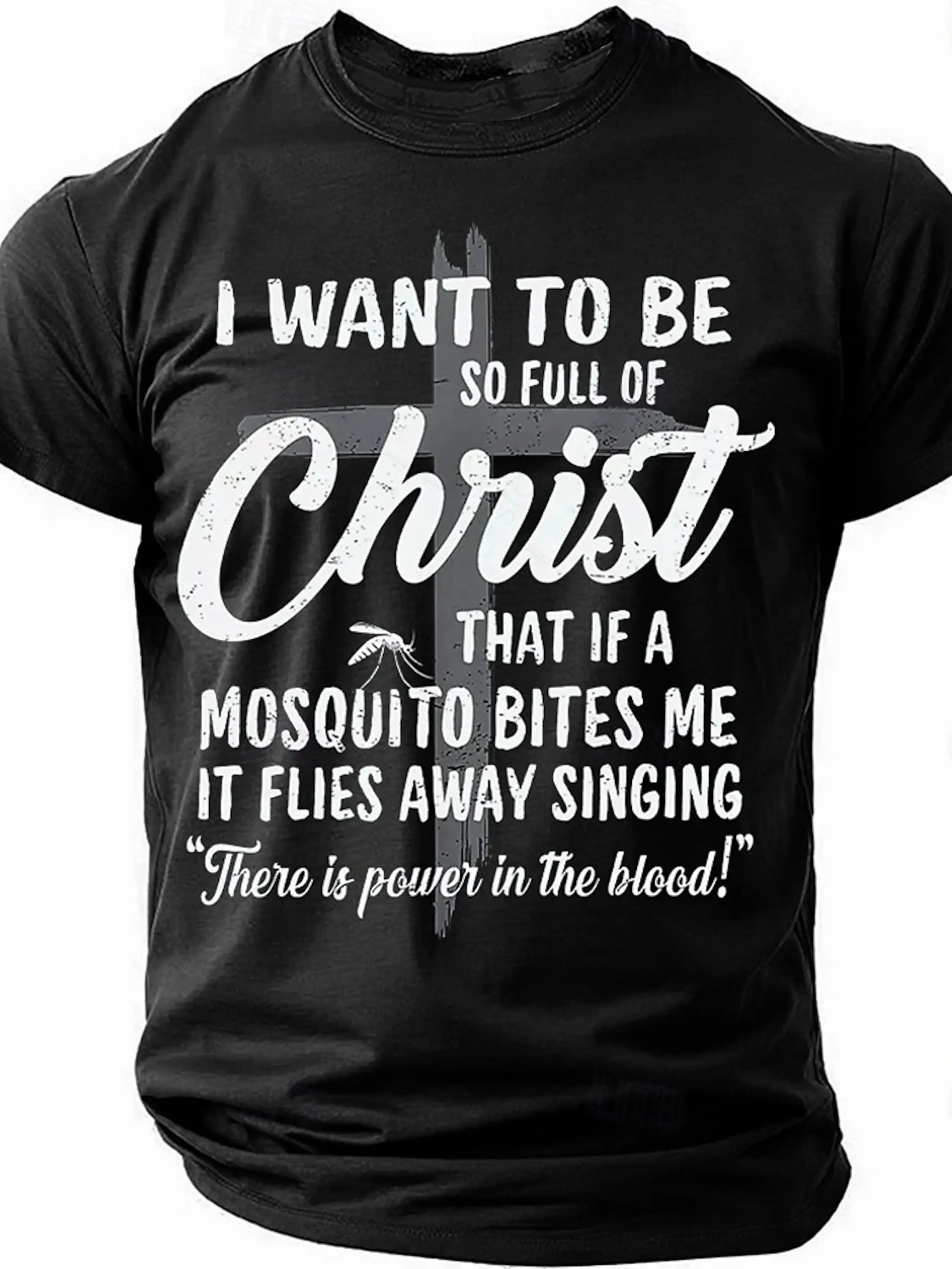 

Men's Christian-themed T-shirt - Bold "Power in Blood" cross print, suitable for casual, sports and outdoor wear