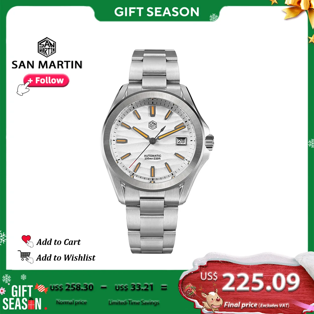 San Martin 39mm Luxury Stainless Steel Men Sports Dune Texture Dial Automatic Mechanical Watch Waterproof 10Bar Luminous SN0129G