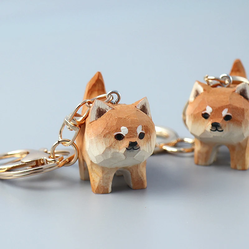 Cute Wood Carved Puppy Keyrings For Car Keys Creative Wooden Carving Small Cat Doll Keychain Kawaii Wooden Dog Pendant Keychain