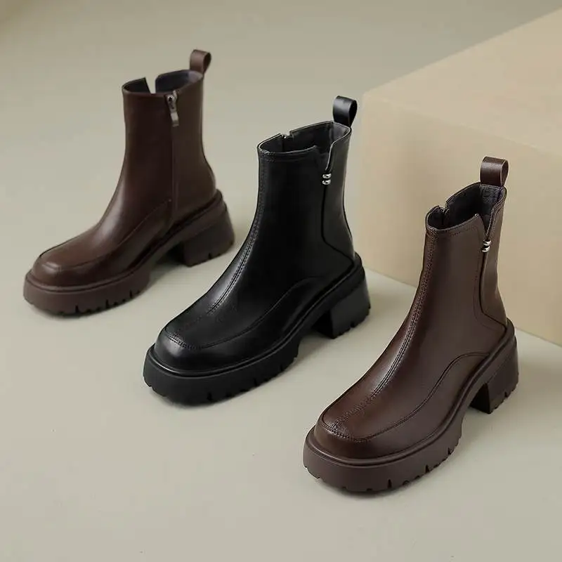 Krazing Pot 2024 Cow Leather Round Toe Thick Heels Winter Warm Fashion Chelsea Boots Slip On British School Platform Ankle Boots