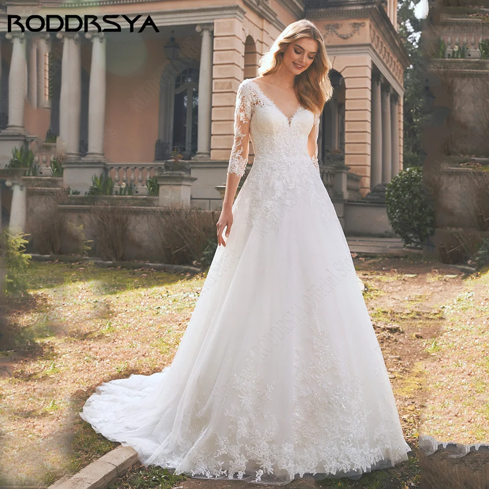 RODDRSY Elegant Wedding Dresses For Women 2024 Bride 3/4 Sleeves Double V-Neck Bride Gown Backless Tulle A-Line vestido de noiva