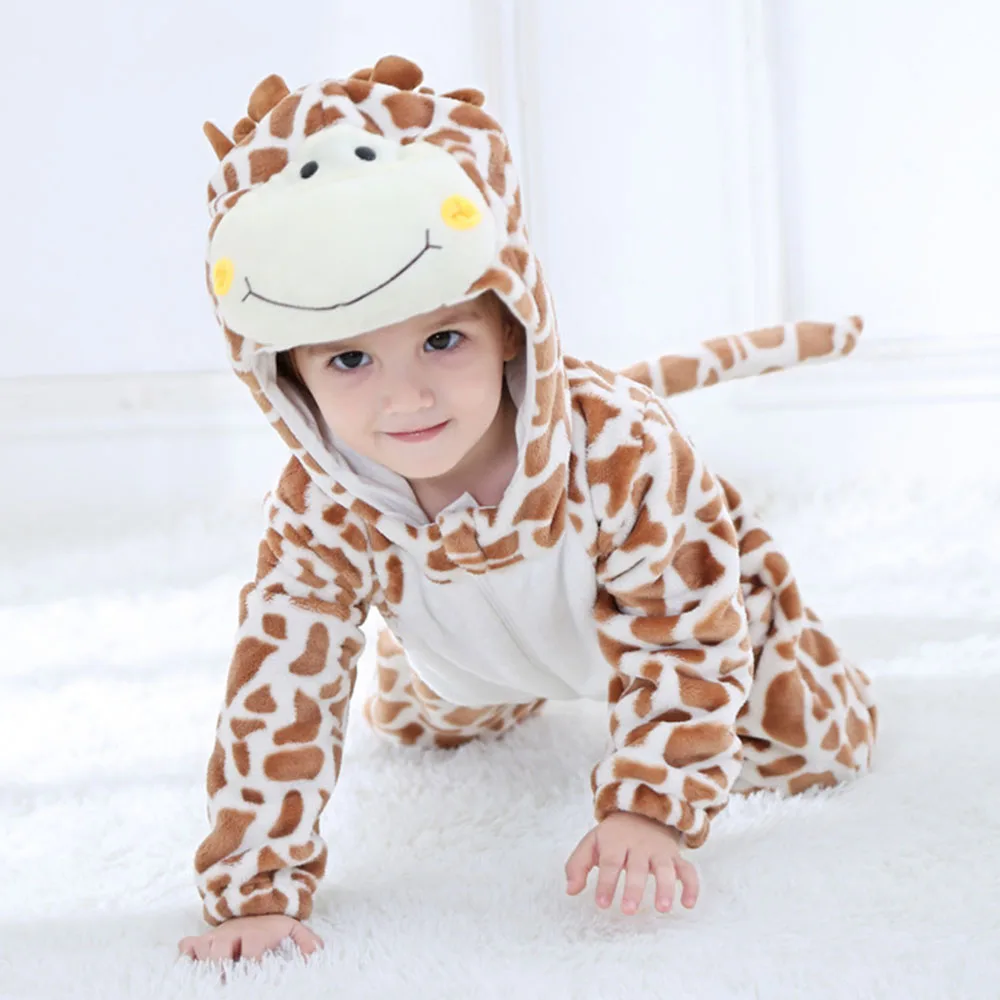 Halloween Animal Giraffe Baby Clothes Boy Girl Romper Bodysuit Pajamas Winter Flannel Infant Kigurumis Hooded Overall Ropa bebe