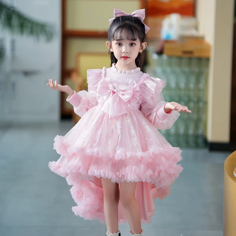 2023 Autumn Winter Girls' Performance Dress Sweet Bow Small Tail Long Sleeve Birthday Princess Ball Gown Flower Girls Dresses