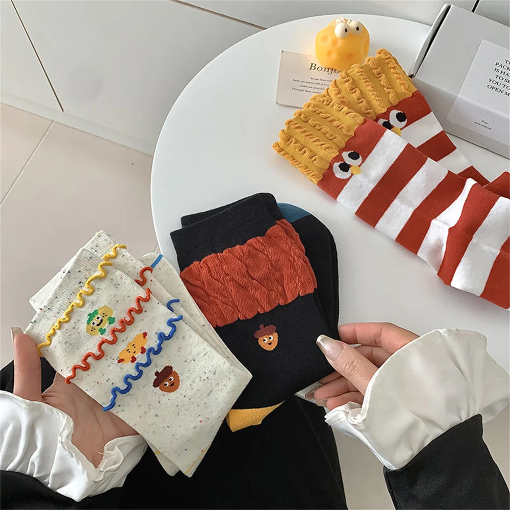 Funny Cartoon Graffiti 3D Cute Hamburger French Fries Tube Socks Soft Cotton Piled Striped Creative Versatile Sokken