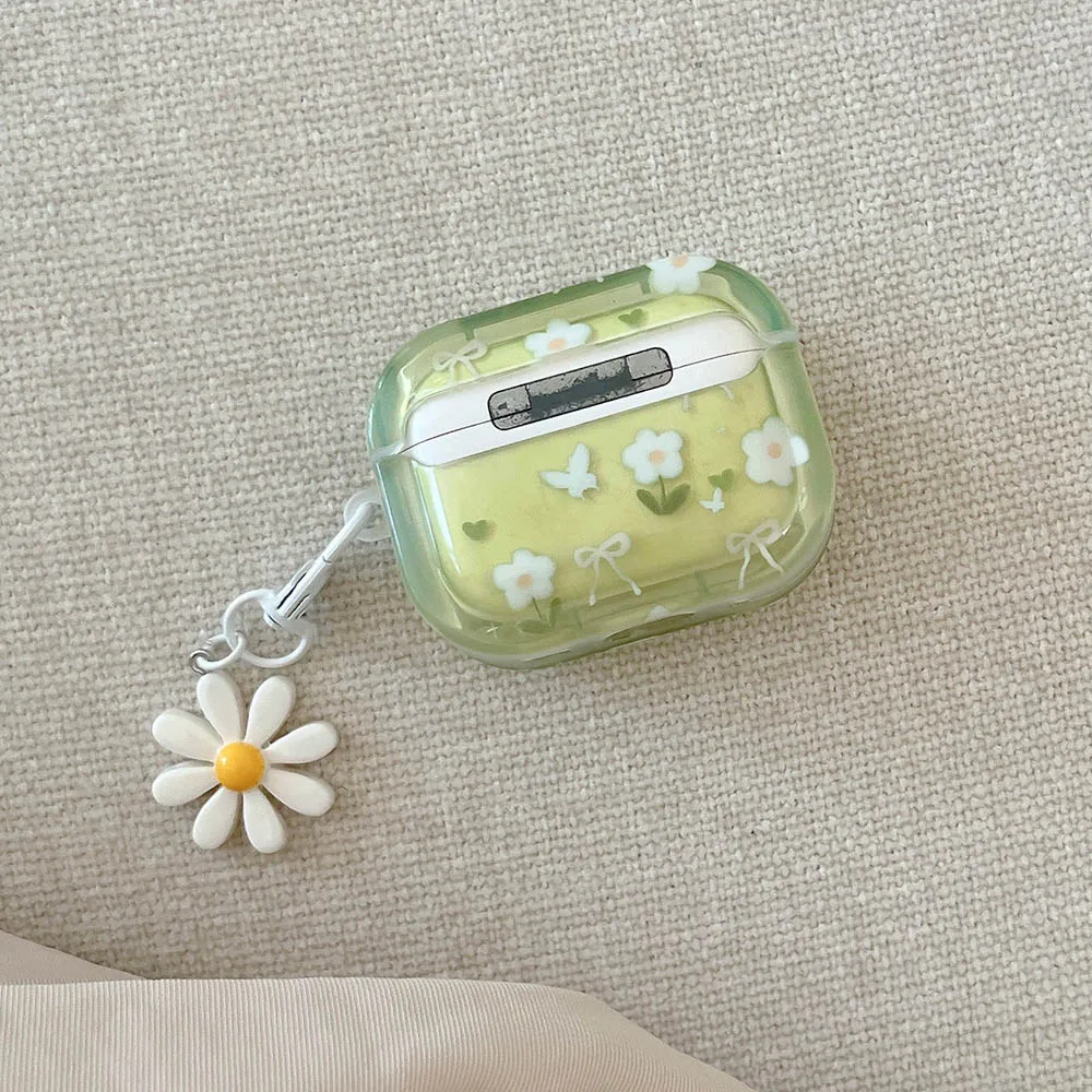3D Green Sunflower Fresh Flower Bowknot Earphone Case Cover For AirPods 1 2 3 4 New Air Pods Pro 2nd 4th Shell with Pendant