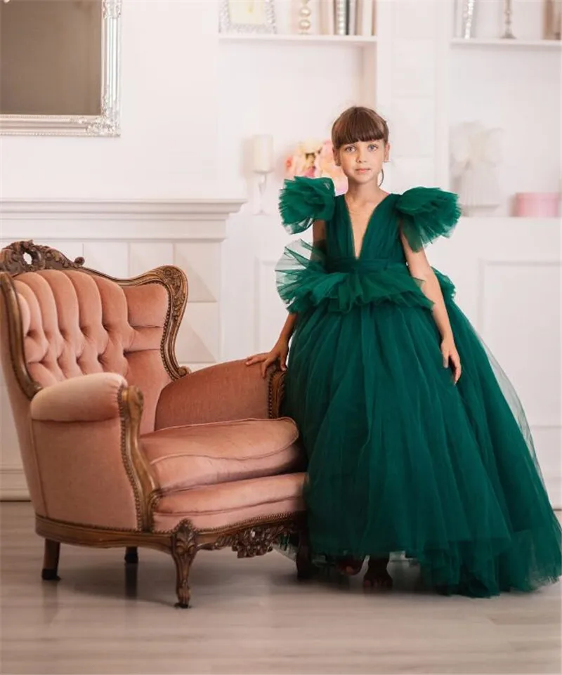 

Flower Girl Dress Green Tulle Puffy Layered Tulle Short Sleeve For Wedding Birthday Party Banquet Princess Pageant Gowns